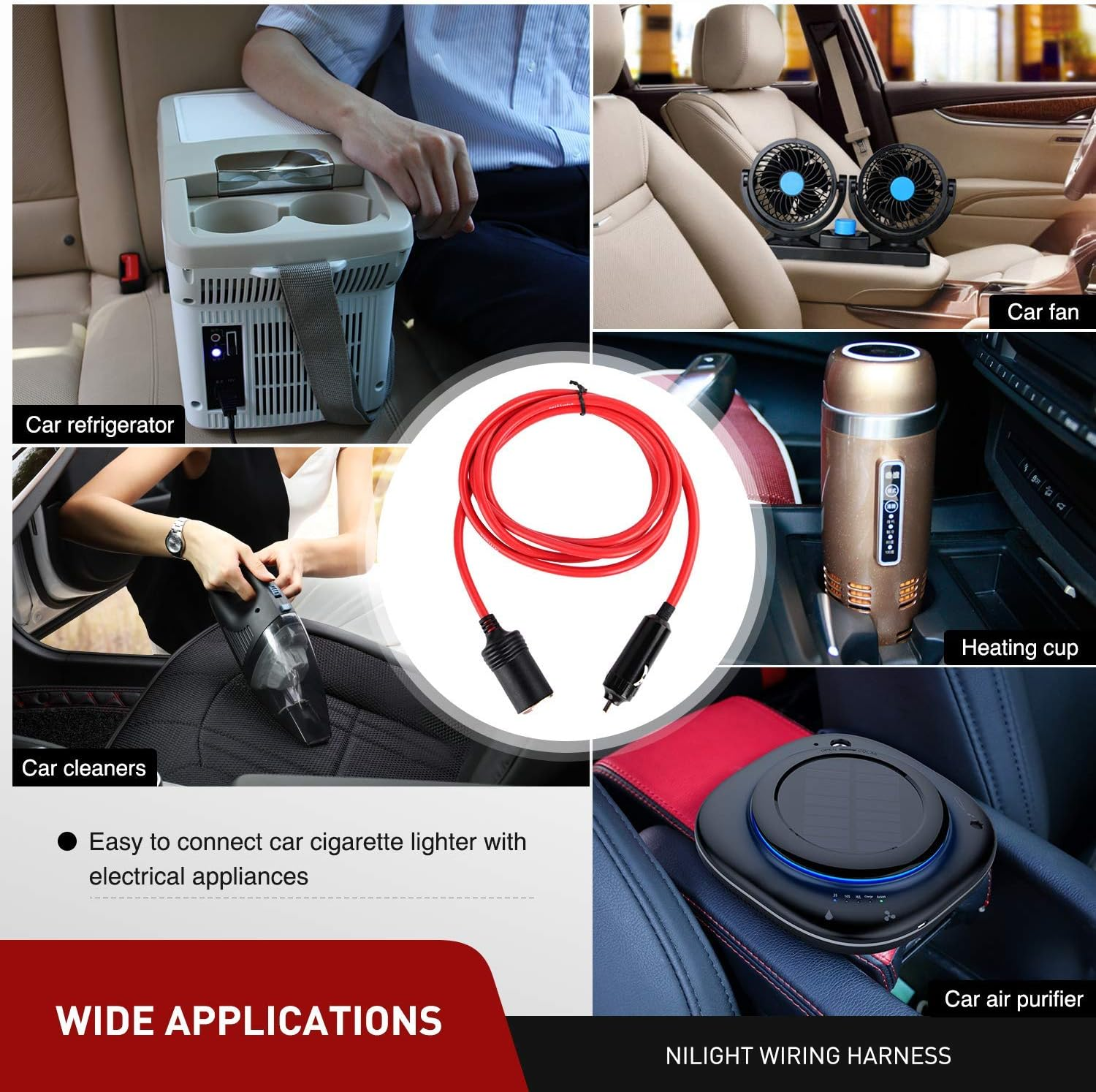 Nilight 10003W 14 Ft Male-To-Female Extension Cord Cable Heavy Duty 12V/24V Car Charger with Cigarette Lighter Socket,2 Years Warranty, Red image number 1