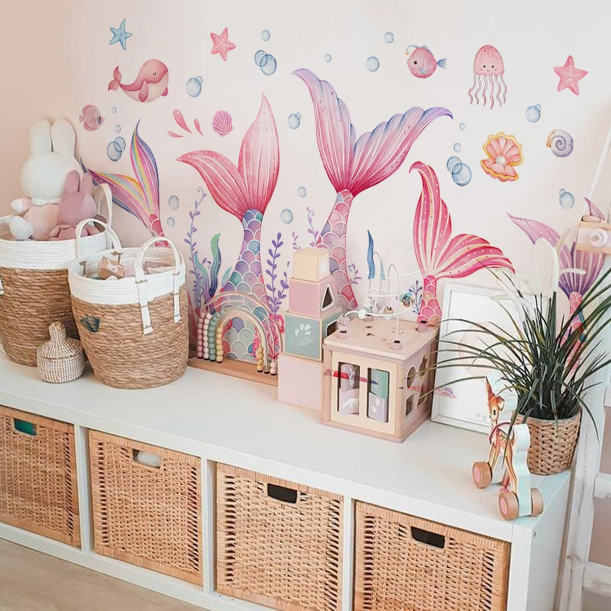 Mermaid Tail Wall Stickers under the Sea Mermaid Bubble Seaweed Peel and Stick Wall Art Decals for Girls Bedroom Bathroom (30 * 90Cm*2Pcs) image number 1