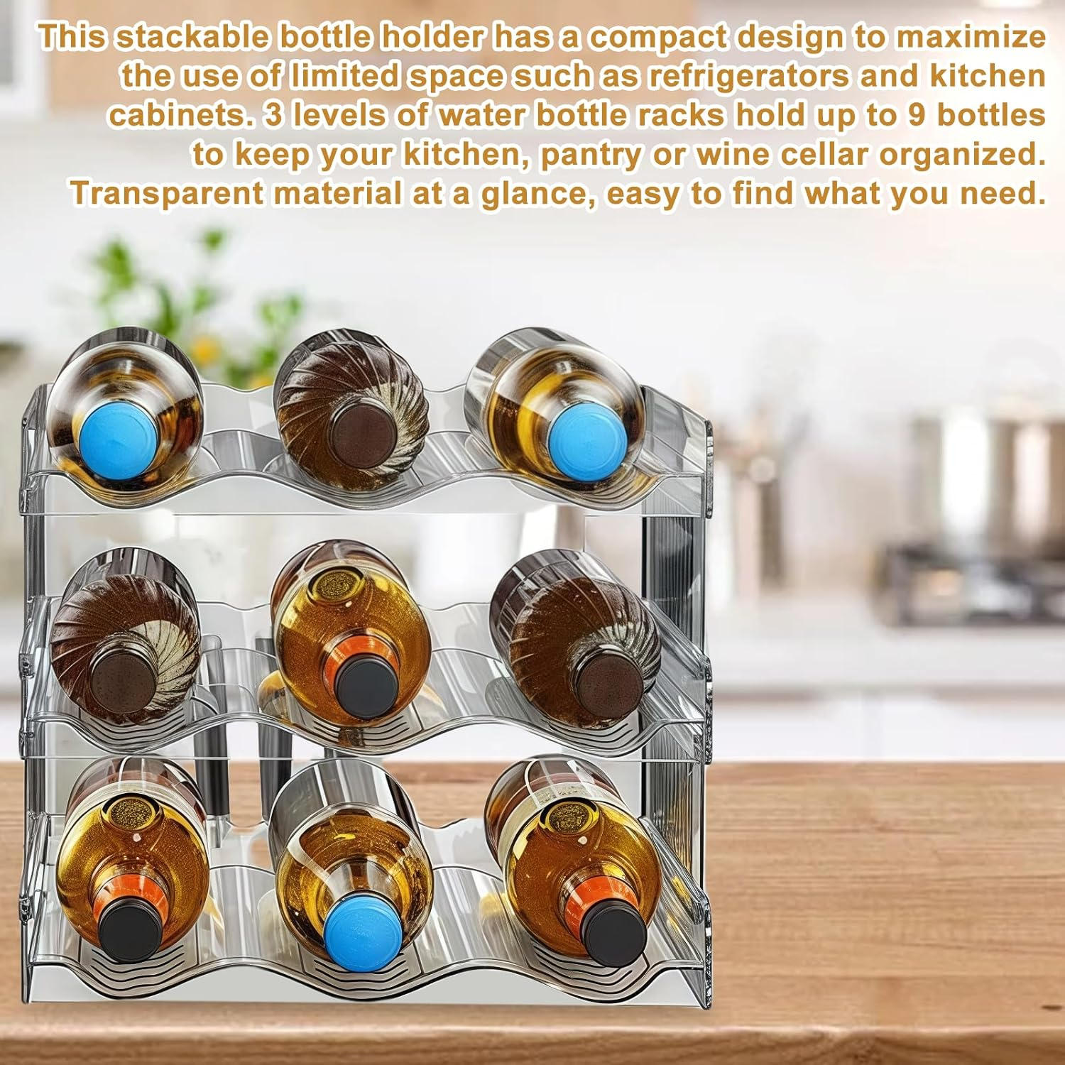 Stackable Bottle Shelf: 3 Pack 9 Bottles Stackable Bottle Rack Bottle Holder Cabinet for Fridge and Cabinet - Space Saving Non-Slip Design for Kitchen, Pantry image number 2