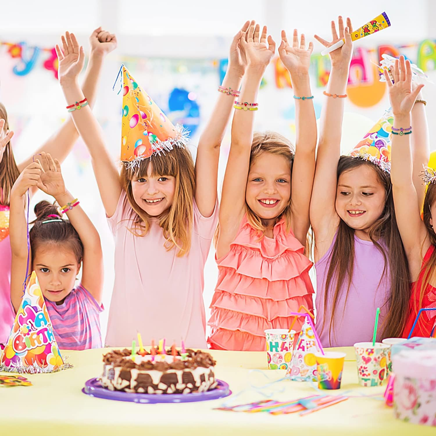 JAPBOR 12Pcs Fruit Clay Bracelets, Colorful Surfer Disc Beaded Stretch Rope Bracelet for Girls Kids, Friendship Elastic Boho Women Child Play Jewelry Charms for Summer Beach Birthday Vacation Favor, image number 1