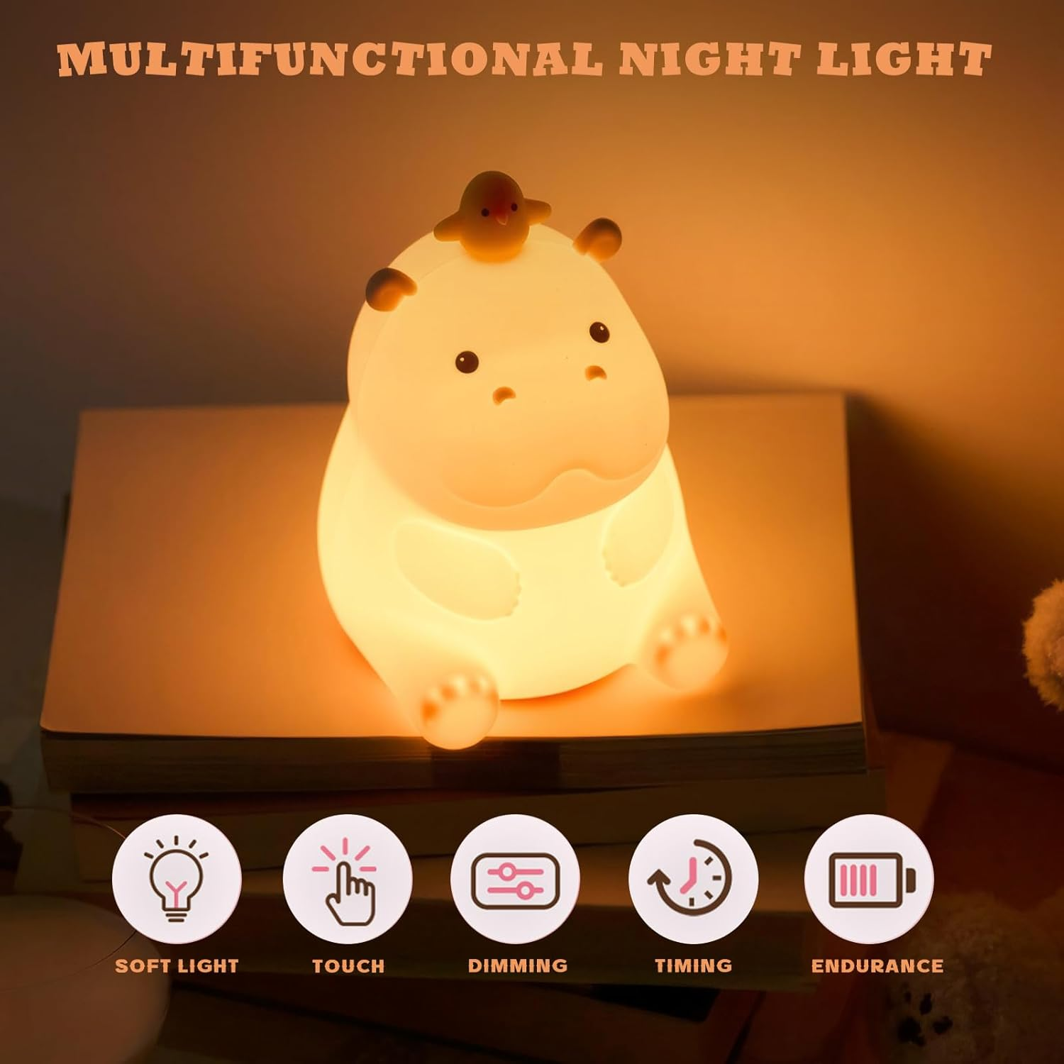 Hippo Night Light for Kids, Silicone Dimmable Touch Lamp with 2 Lighting Modes, USB Rechargeable Lamp for Bedroom Children'S Room, Portable LED Night Light for Christmas Birthday (Hippo) image number 3