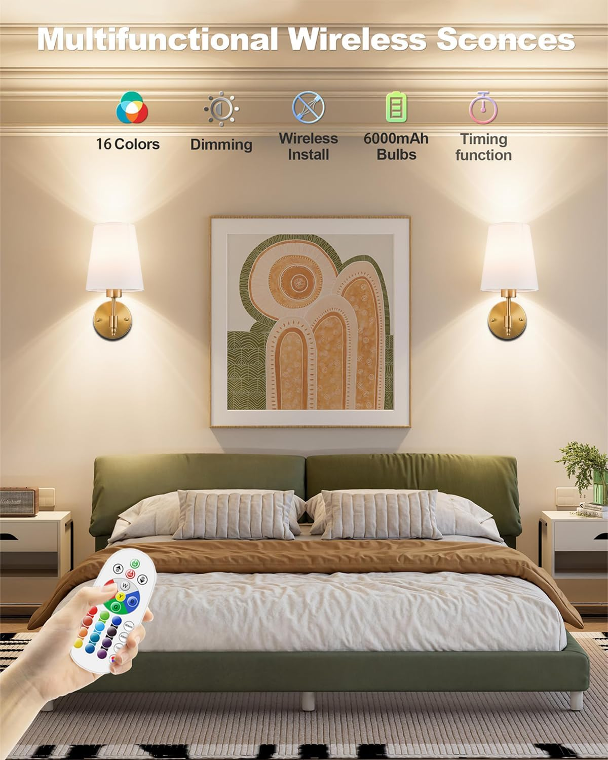 Battery Operated Wall Sconces Set of 2, Rechargeable Wall Lights with 6000Mah Dimmable RGB Bulbs and Remote, 13 Colors Wireless Wall Lamps for Bedroom Living Room Hallway, Gold image number 2