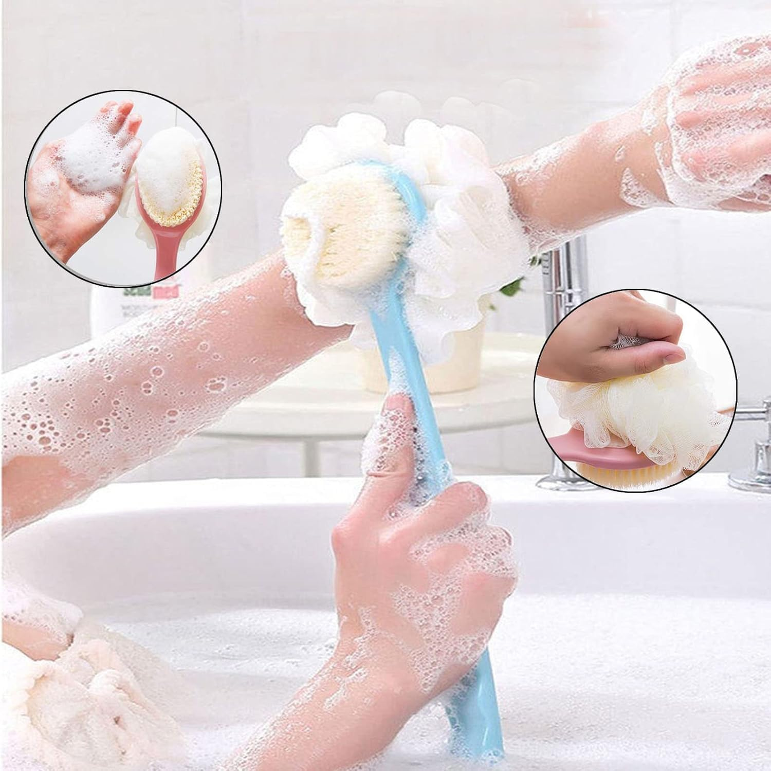 2 Pack Body Brush Back Scrubber for Shower Bath Back Scrubber with Soft Loofah and Bristles Back Scrubber Bath Mesh with Curved Long Handle Suitable for Wet or Dry, Women and Men (Pink，Blue, One Size) image number 5