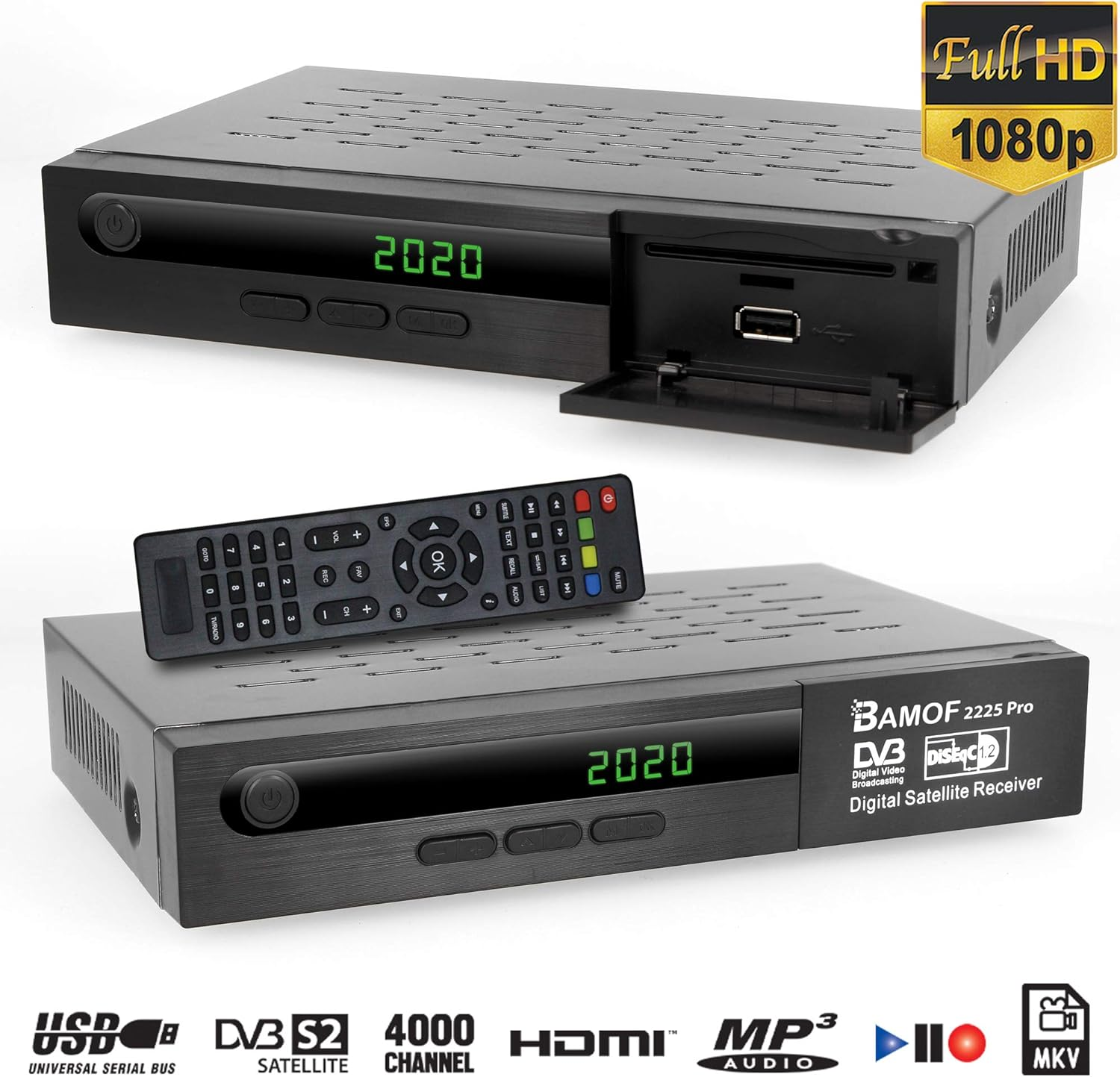 Bamof 2225 PRO Satellite Receiver (HDTV, DVB-S/DVB-S2, HDMI, SCART, 2X USB, Full HD 1080P) [Pre-Programmed for Astra, Hotbird and T&uuml;rksat] + HDMI Cable