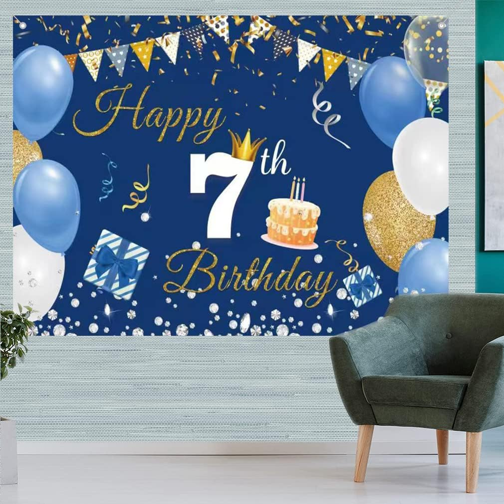 7Th Birthday Decorations Happy 7Th Birthday Backdrop Banner for Boys/Girls Happy 7 Years Old Fabric Sign Poster, Blue Photography Background Seventh Birthday Party Supplies, 59"X35.4" image number 4