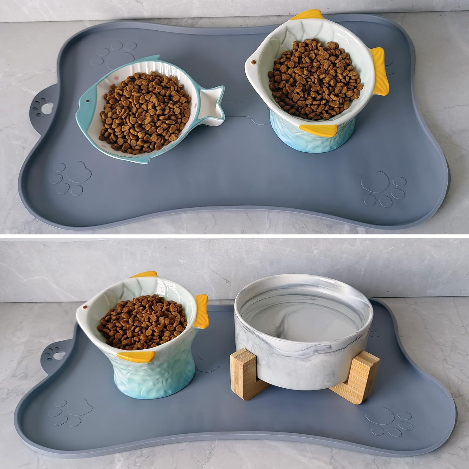 Raised Tilted Ceramic Cat Food Bowl, Cute Fish Shape Elevated Slanted Shallow Angled Cat Dish, Personalized Pet Feeder for Kitty Dry Wet Treats Feeding, Ergonomic anti Vomiting Whisker Friendly