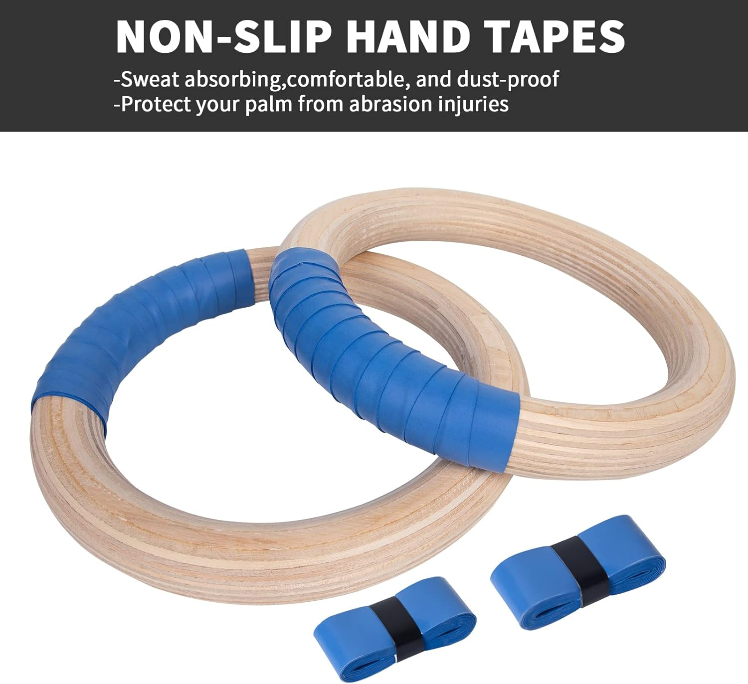 Olympic Gym Rings - Wooden Rings with Adjustable Cam Buckle, 14.8Ft Long Straps, Non-Slip, Full Body Workout