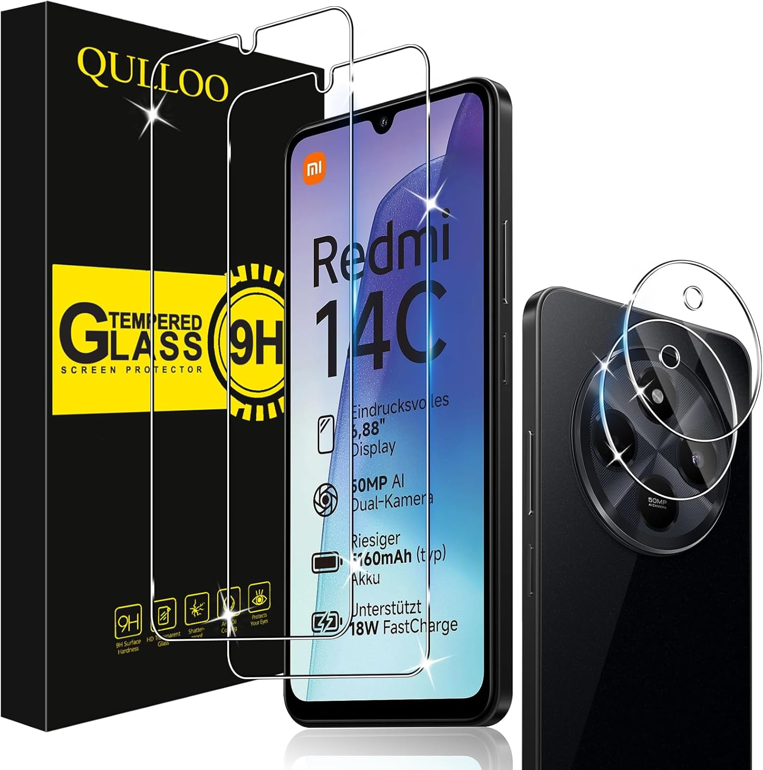 QULLOO Screen Protector for Motorola Moto G55, Pack of 2 Tempered Glass Screen Protector with 2 Camera Protection [9H Hardness Glass Film] [HD Clear Protective Glass] [Anti-Scratch Screen Protector]