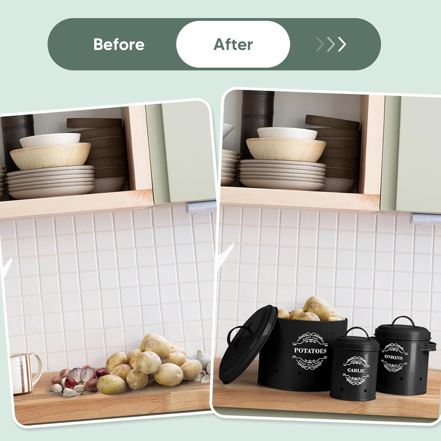 Set of 3 Potato Onion Garlic Storage Bins Kitchen Vegetable Storage Tins Potato Storage Jars with Lids Onion Storage Containers with Ventilation Holes Keeps Vegetables Fresh Longer (Black) - Grey image number 4