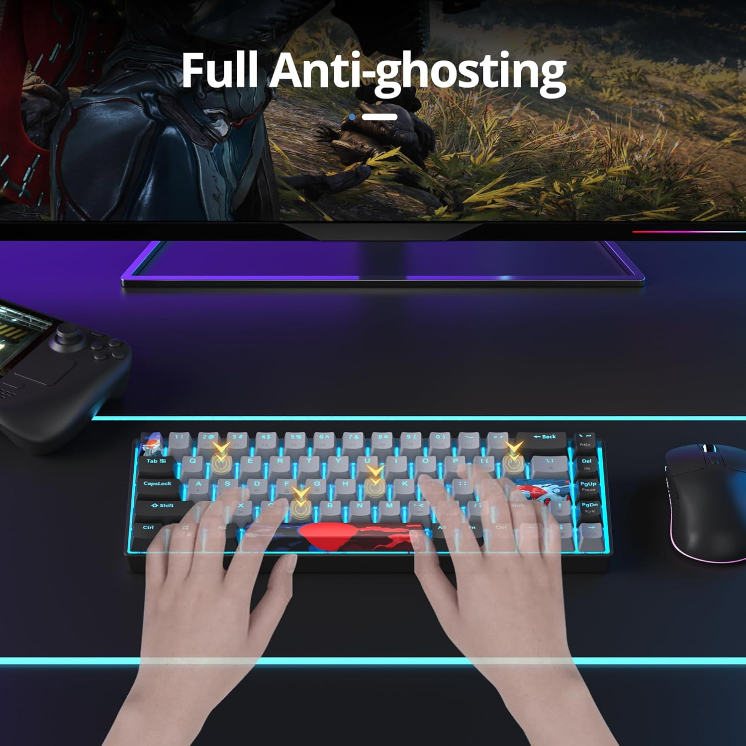 65% Mechanical Gaming Keyboard,Wired Compact 65 Percent Keyboard Ice Blue LED Backlit Red Switches PBT Keycaps for Win/Mac PC Gamers&Typists(Dolch)