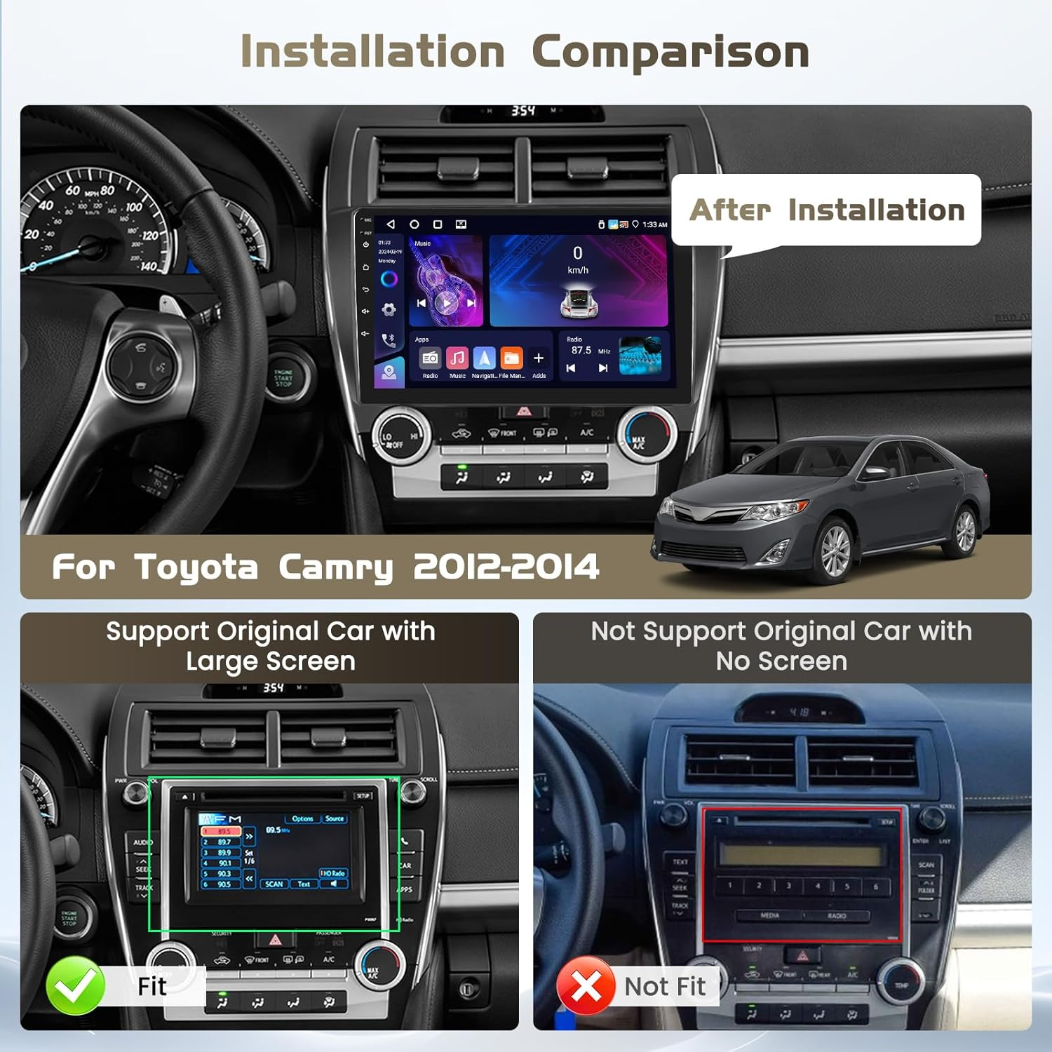 [Fit JBL] Android 15 Car Radio for Toyota Camry 2012 2013 2014, 10.1 Inch Capacitive HD Touch Screen for Camry Head Unit with Carplay Android Auto 5G Wifi GPS Bluetooth 5.0 1280 * 720 4+64G image number 2