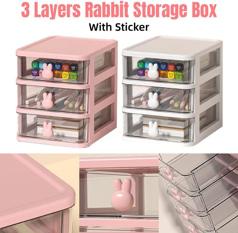 AIMALL Bunny Desktop Storage Box &ndash; Transparent Drawer Organizer for Students and Cosmetics, 3-Tier Plastic Finishing Box, 6.69 X 5.28 X 6.3 Inches, Pink/White image number 3