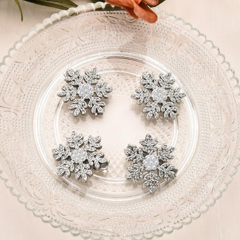 Small Sparkly Pearl Rhinestone Hair Clips for Girls 4PCS Snowflake Hair Barrettes for Christmas Xmas Party Gifts Wedding Hair Accessories for Bride Bridal Pearl Hairpins Metal Clip image number 1