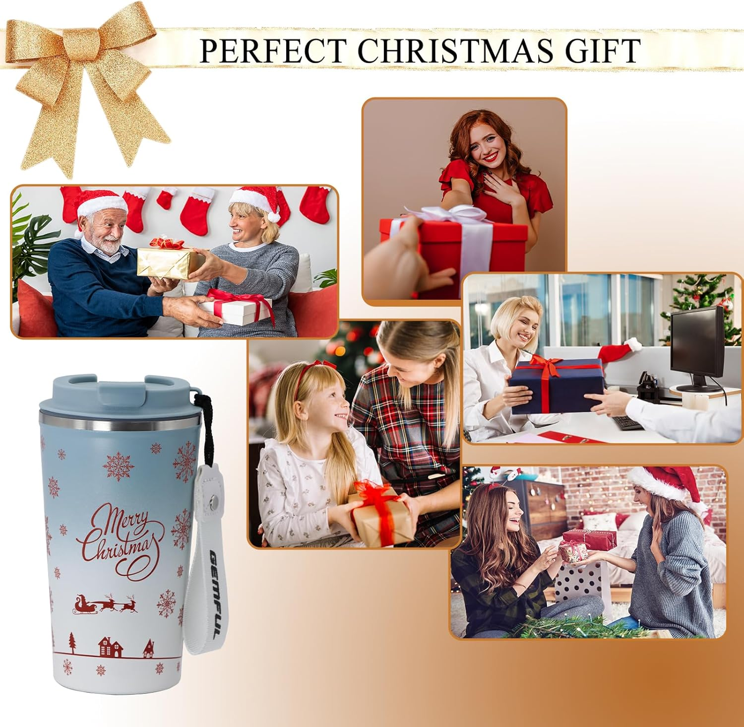 GEMFUL Christmas Coffee Tumbler Screw on Lid 510 Ml Stainless Steel Thermal for Women Friends or Coworker