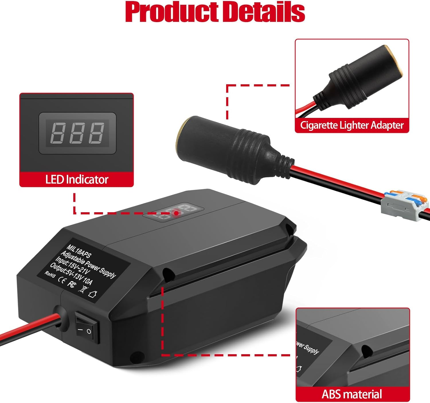 Step down Adapter for Milwaukee Battery M18, 18V to 12V Converter Voltage Regulator from 18V to 5V-13V Adjustment DIY Power Supply, with Cigarette Lighter Connector image number 1
