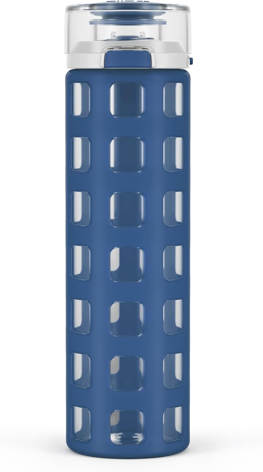 Ello Syndicate Glass Water Bottle with One-Touch Flip Lid and Protective Silicone Sleeve and Carry Loop, BPA Free, Dishwasher Safe,20Oz