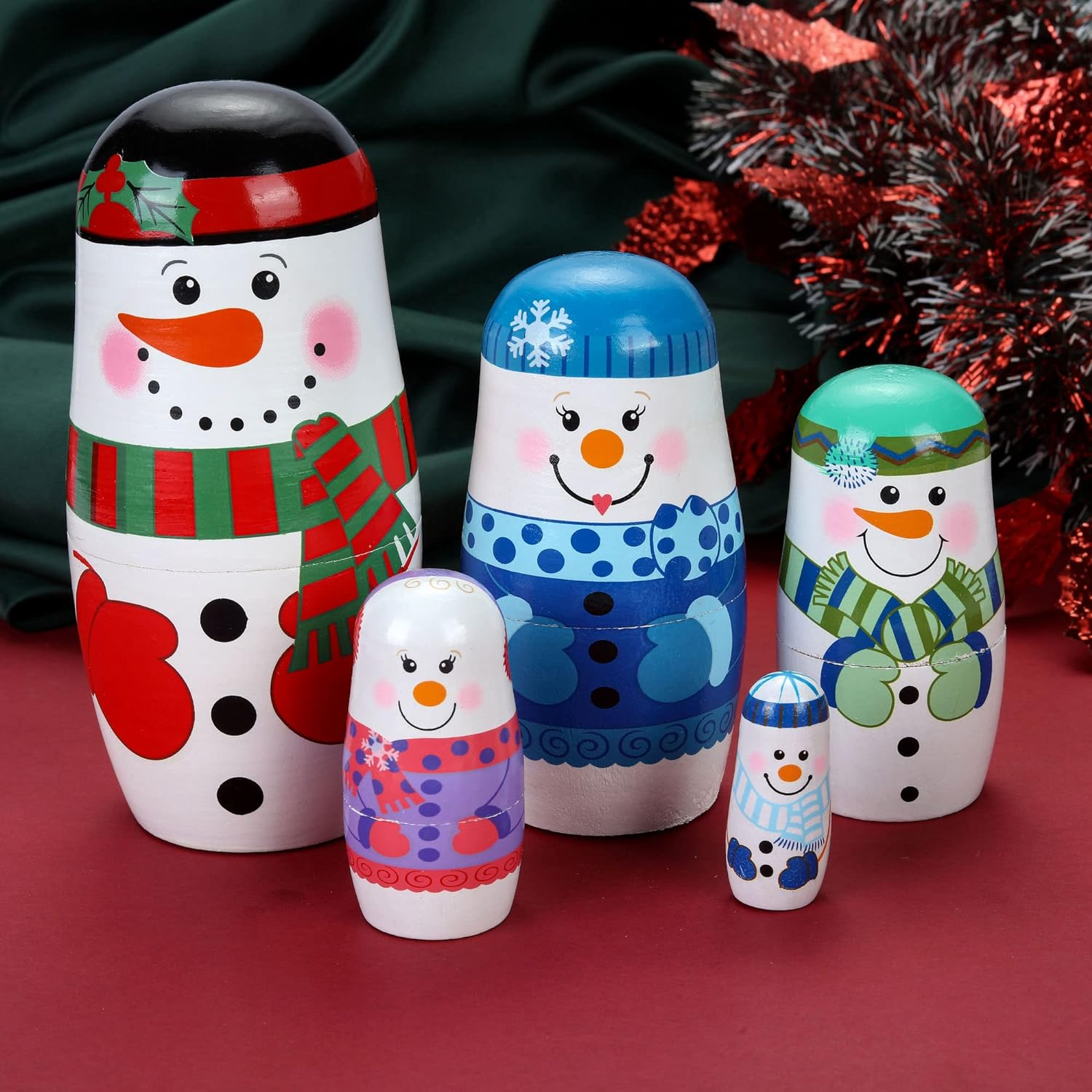 Yoption 5Pcs Russian Matryoshka Dolls Handmade Wooden Snowman Nesting Dolls Set for Kids Christmas Birthday Toy Gift (Snowman) image number 5