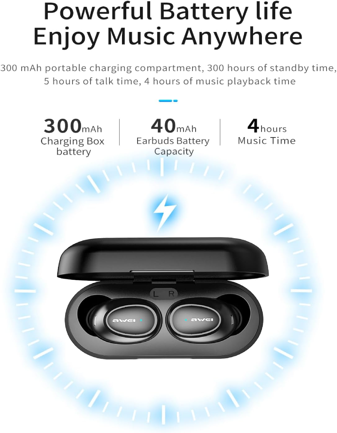 AWEI T16 Wireless Earbuds Bluetooth 5.3 Headphones, 37 Hrs Playback Stereo Ear Buds IPX6 Waterproof In-Ear Earphones, Bluetooth Earbuds with Mic Compatible with Iphone, Android, Laptops Black