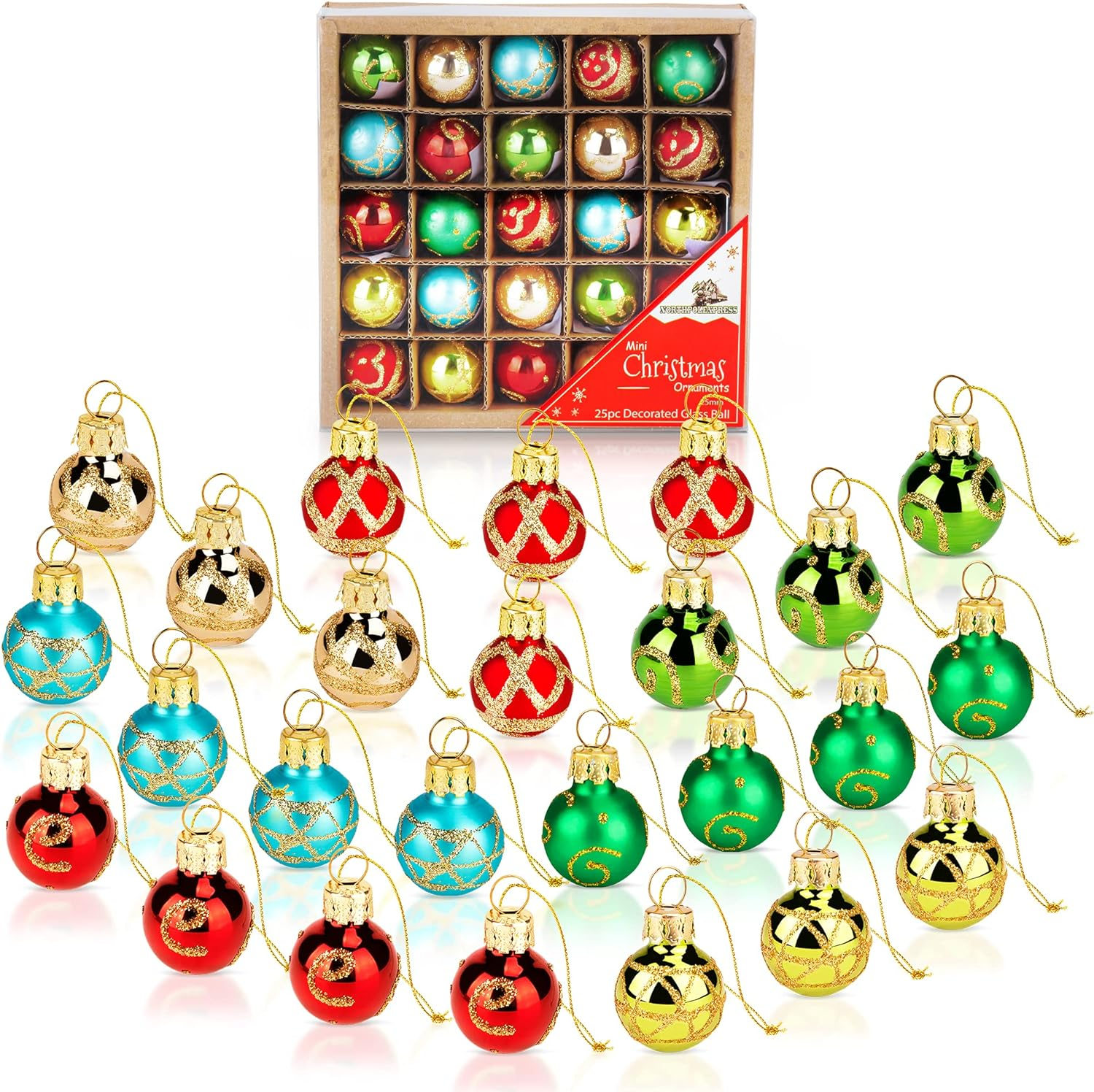 1 Inch Mini Vintage Multi Color Glass Ball Christmas Ornaments Set of 25 Balls | Miniature Christmas Tree Ornaments | Rustic Christmas Decorations | Mini Christmas Tree Decorations for Small Trees image number 4