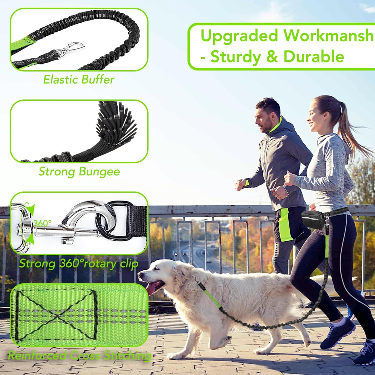 KIKNIN Hands Free Dog Leash with with Pouch-Waist Dog Running Leash with Adjustable Waist Belt & Dual Handle for 2 Medium Dogs, Retractable Reflective Bungee Dog Leash for Jogging Walking Hiking image number 5