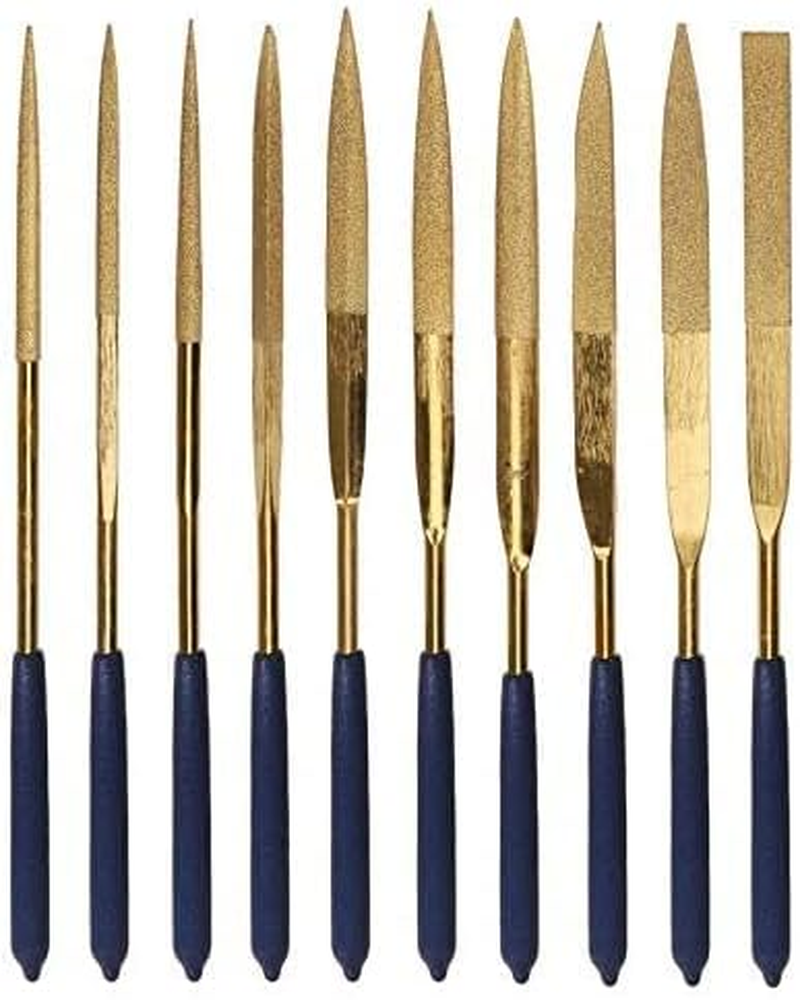 Yakamoz 10 Pcs Titanium Coated Mini Diamond File Set Flat Needle Square round Triangular Shape Rifler Files for Metal Jewelry Glass Wood Carving Sanding Polishing Tool - 4X160Mm