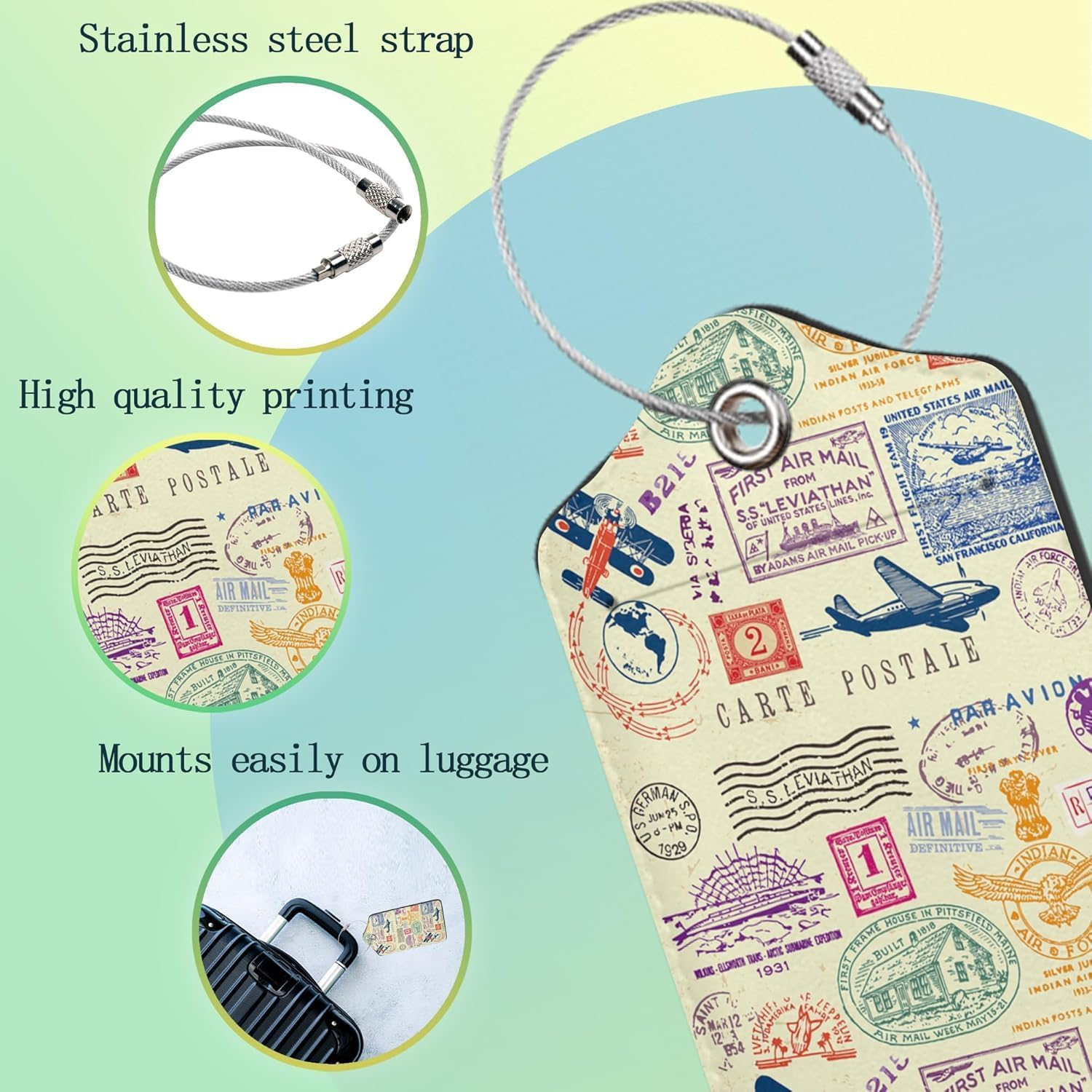 Travel Stamp Luggage Tags for Suitcase,2 Pack Retro Passport Carte Postale Luggage Tag Leather Privacy Cover ID Label with Stainless Steel Loop for Women Men Kids Girls image number 5