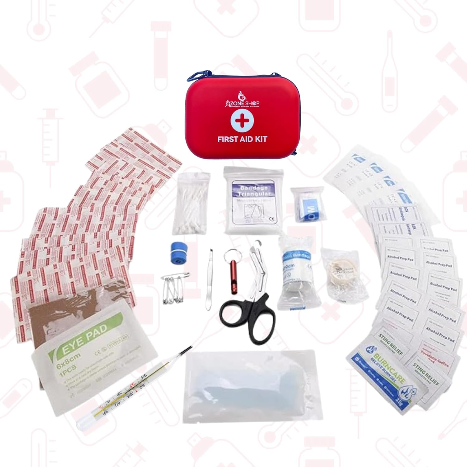 Ozone - All Purpose Portable Compact First Aid Kit for Minor Cuts, Scrapes, Sprains & Burns - Premium Waterproof Trauma Medical Kits for Any Emergency, Use for Home, Car, Travel, Camping and Outdoor (Red) image number 1