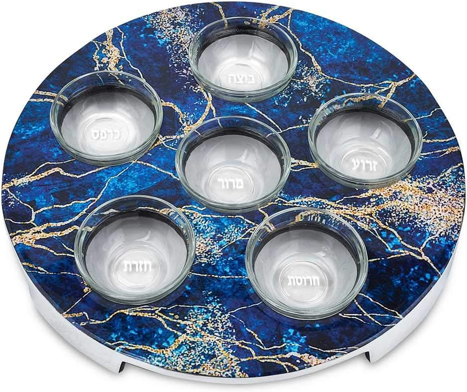 Zion Judaica Decorative Passover Seder Plate Artistic Blue and Gold Marble Decal Passover Seder Tray with 6 Glass Liners Marked with Seder Symbolic Seder Foods Pesach Dishware image number 4