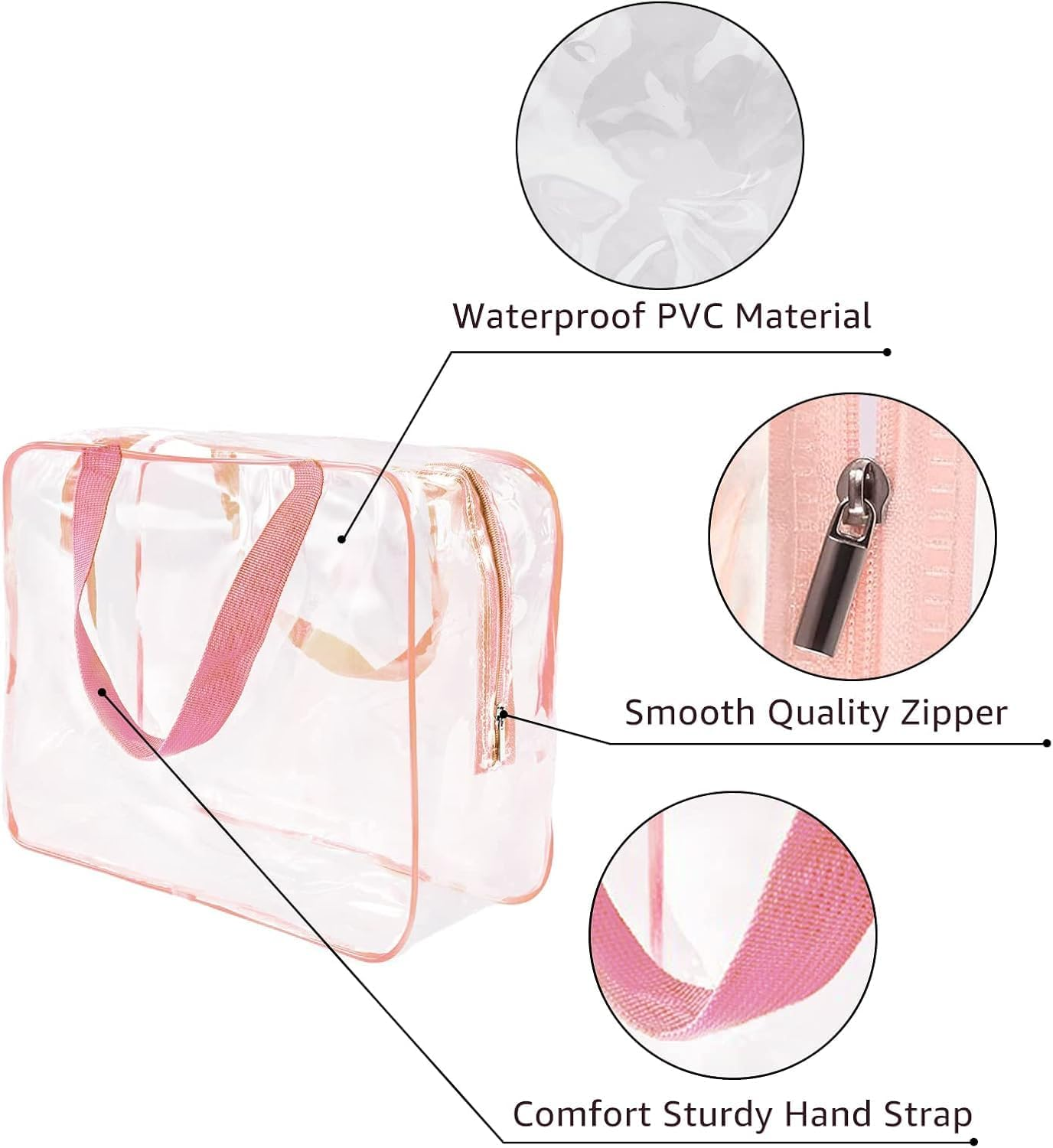 3Pcs PVC Travel Toiletry Bag Kit for Women Men, Waterproof Packing Organizer Storage Bags with Zipper Handle Straps, Cosmetic Pouch Carry on Airport Handbag (Pink, Pack of One)