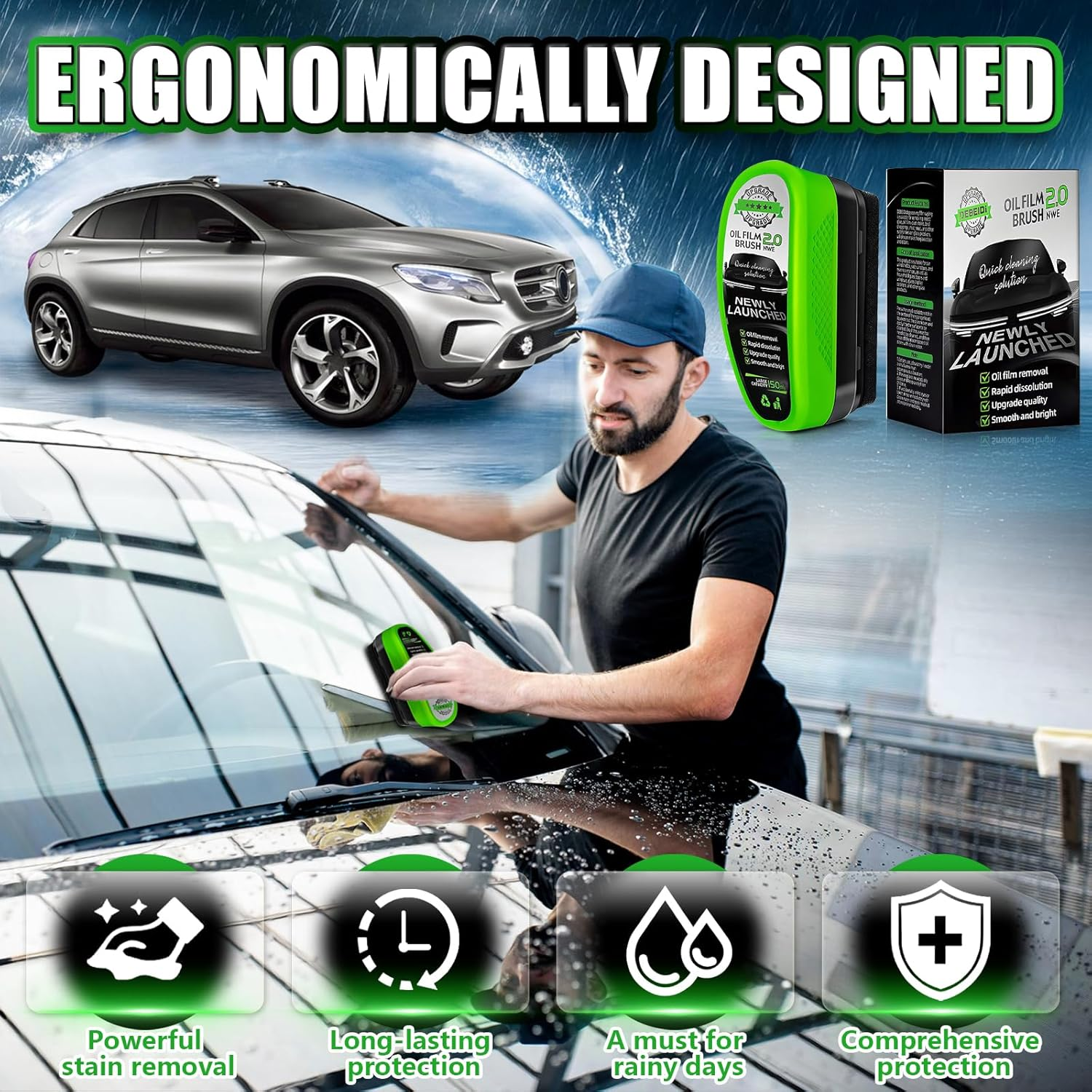 Upgraded Oil Film Brush 2.0 - Clear Vision Windshield Cleaner for Car Windows, Reusable Automotive Glass Cleaning Brush to Remove Dirt, Oil & Fog, Improve Clarity & Visibility in All Weather (1-Pack)