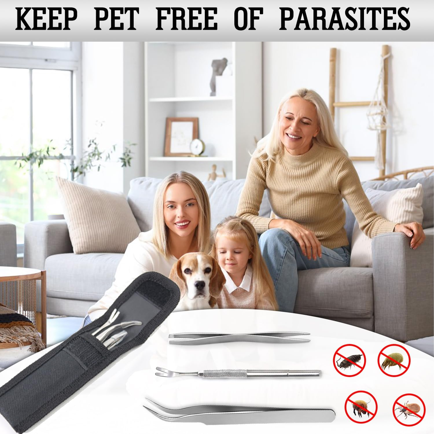 Qcdou Tick Tweezers, Tick Remover, Set of 3, with Stainless Steel Tick Tweezers, Tick Hooks, Tick Removal, Storage Bag, Tick Removal for Dogs, Cats, People image number 6