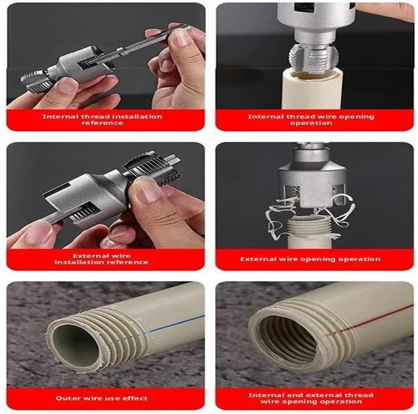 Roczential Integrated Internal & External Pipe Threading Tool, Electric Drill Compatible PVC Pipe Threader Kit, PVC Pipe Threader Set, Garden Hose Thread Die 1/2" 3/4" 1" for Electric Drill(1/2") image number 3