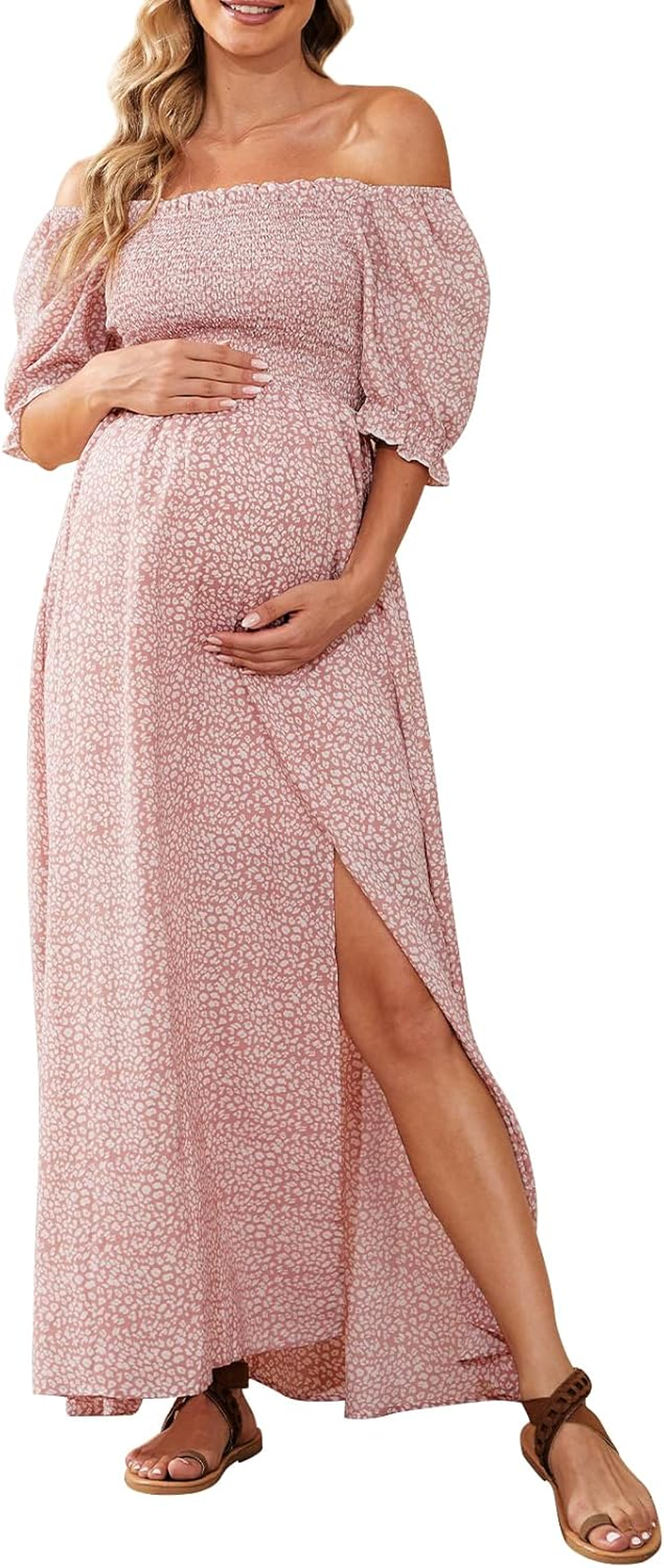 Floral Maternity Dress for Photoshoot Baby Shower, Square Neck Puff Sleeve Maternity Boho Smocked Pregnancy Dresses