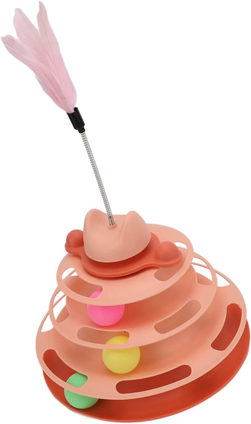 Ciciglow Cat Toy Set, Interactive Toy for Kittens, 3-Layer Towers Roller Tracks Cat Teaser Ball Toy with 3 Colourful Balls and Cat Stick, for Movement and Stimulation (Pink) image number 2