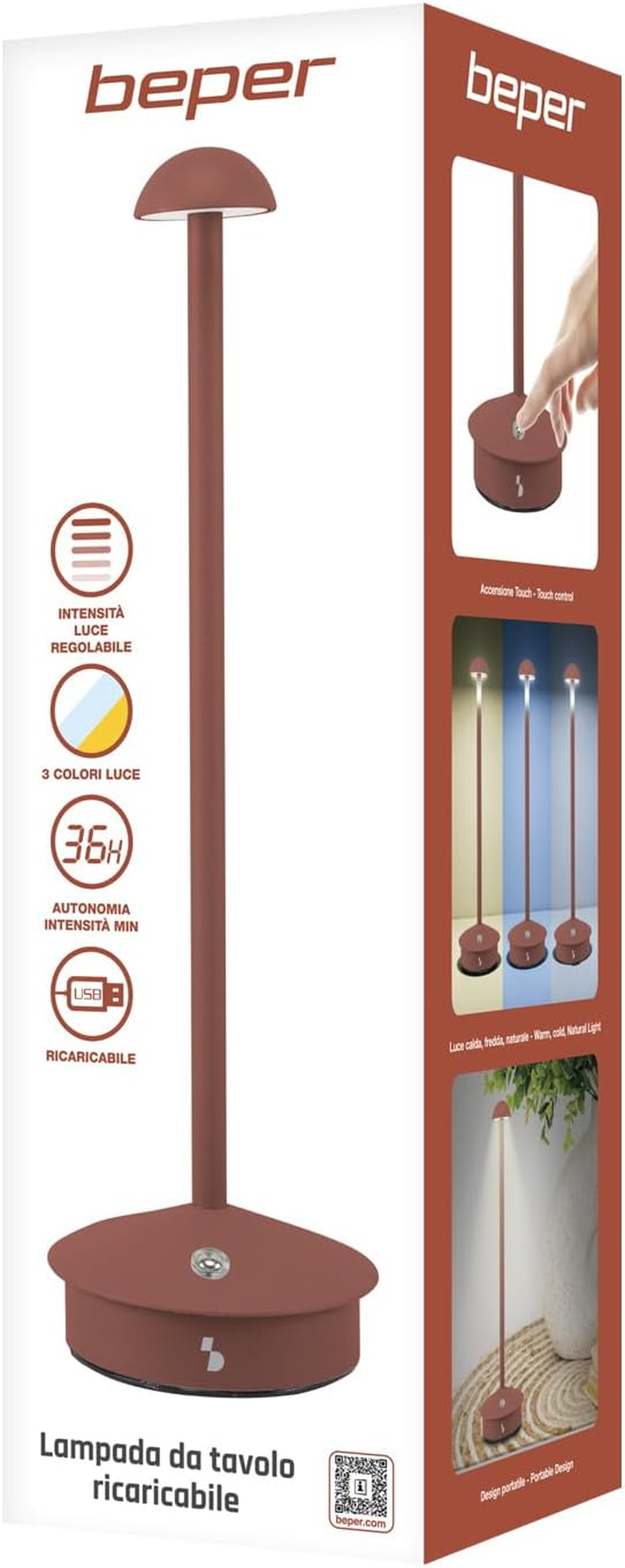 BEPER P207ILI151 Rechargeable Wireless Table Lamp, 3 Colours, Dimmable, USB Type-C Included, Portable for Desk, Bedside or Table. image number 3