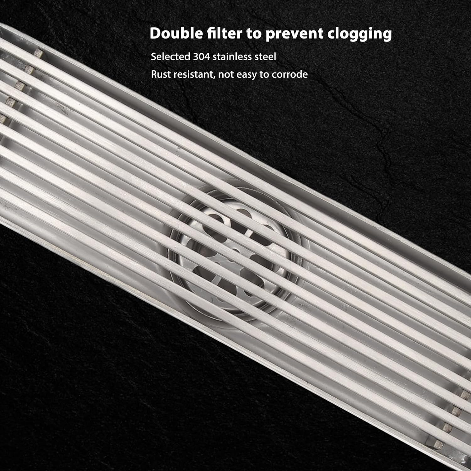 Linear Shower Drain Stainless Steel Hair Strainer Metal Floor Drain for Bathroom Kitchen Laundry Room Stainless Steel Linear Drain for 2.0In Pipe Bathroom Fixtures image number 2
