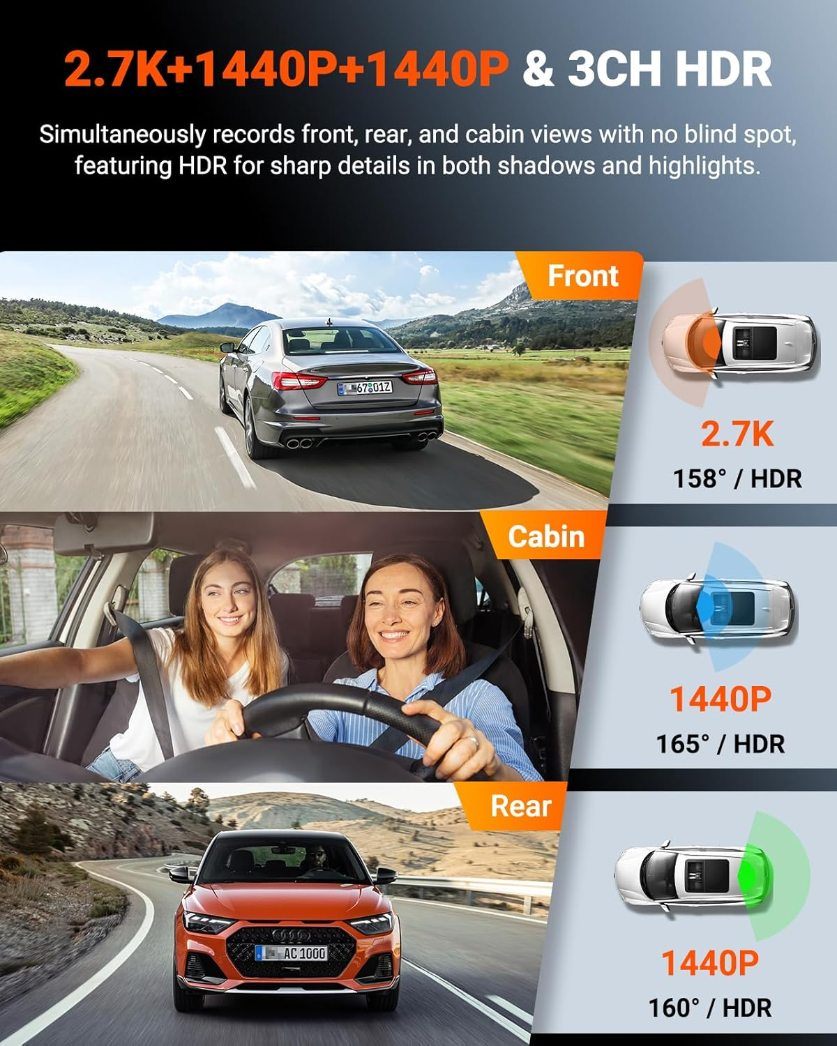 Vantrue N4S 3 Channel Wifi Dash Cam Front inside and Waterproof Rear, 3 Way STARVIS 2 IMX675 Car Camera W/Platepix&trade;, 2.7K+1440P+1440, LTE Option, HDR, GPS, IR Night Vision, 24H Parking Mode, 1TB Max