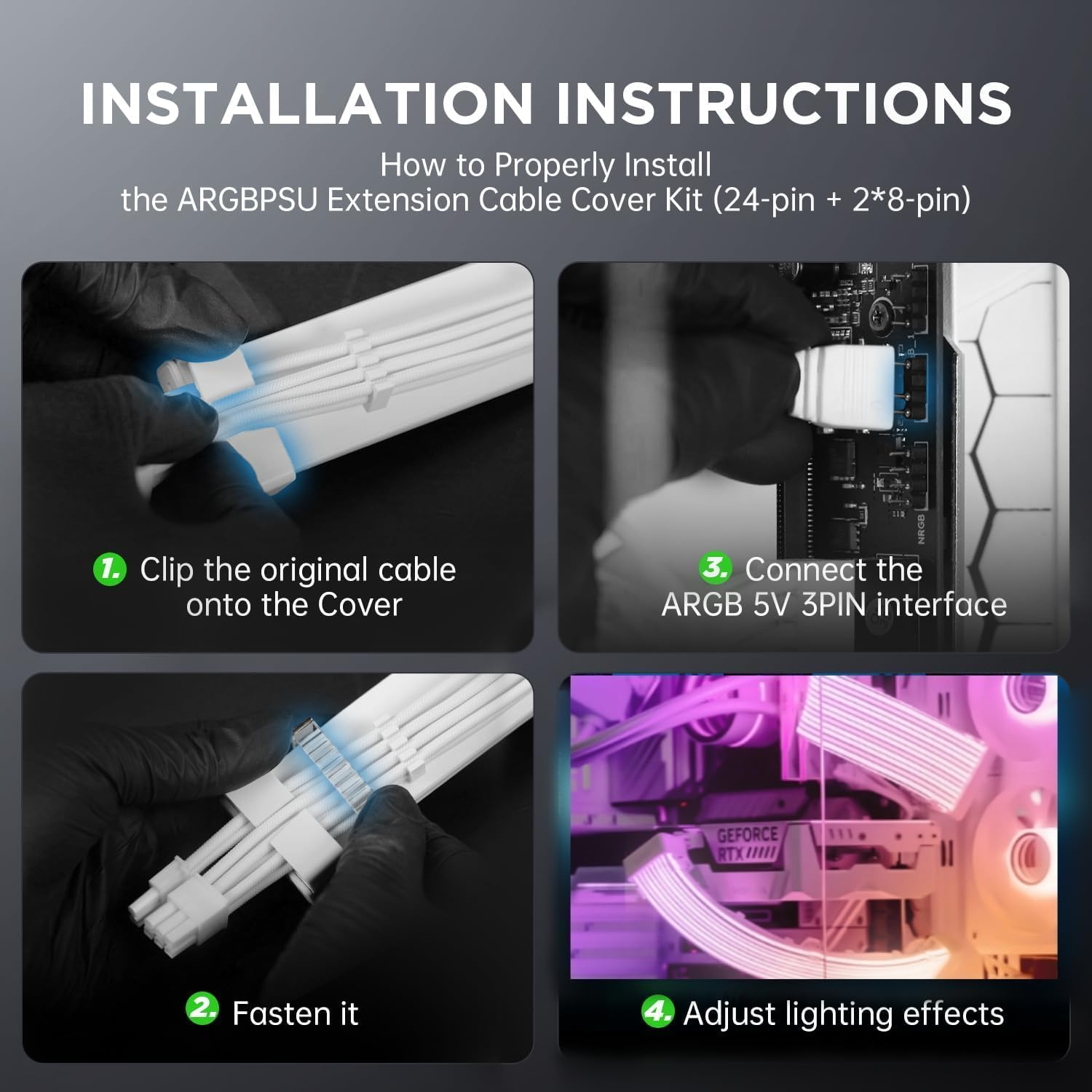 Asiahorse ARGB PSU Extension Cable Cover Kit, Light up RGB LED Strip 2Pack for GPU and Motherboard PSU Cables, 5V 3 Pin ARGB Sync, Compatible with 8 Pin, 16 Pin, 24 Pin PSU Cable. Aurora-Co-White image number 1