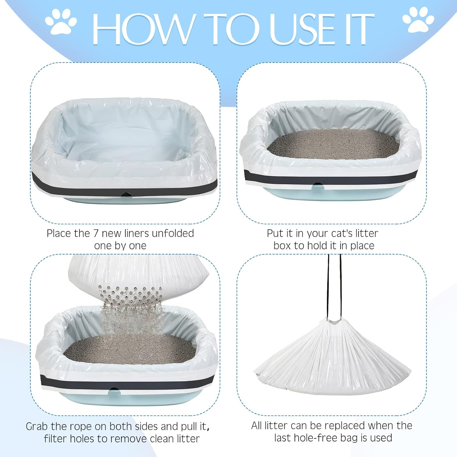 Jutom 28 Count Sifting Litter Box Liners, Drawstring Jumbo Sifting Cat Litter Bags with Holes, 31 X 18 Inch 22 Lb Capacity Portable Thick Scratch Resistant Drawstring Bags for Pet Cats image number 3