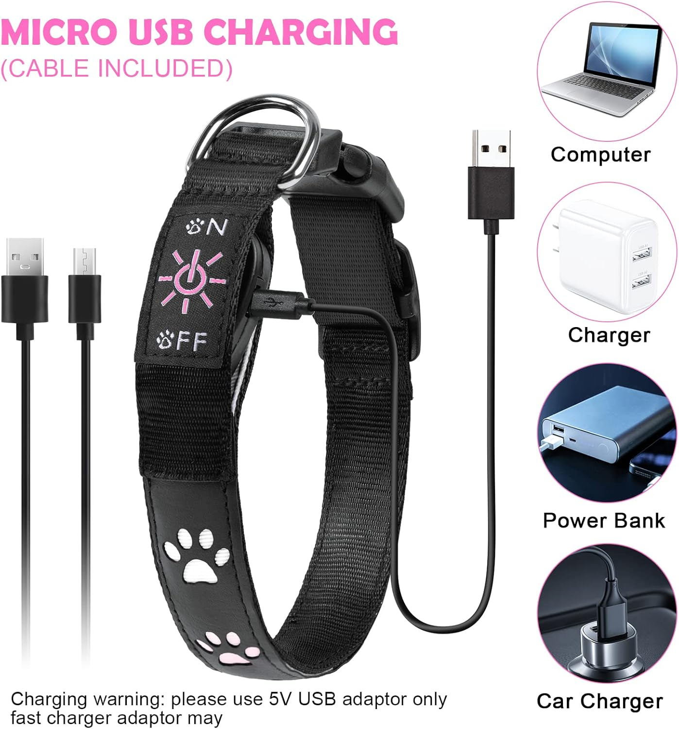 AUAUY Light up Dog Collar, LED Dog Collar Light USB Rechargeable, Waterproof Flashing PVC Leather Adjustable Glowing Super Bright Dog Light up Collar for the Dark Small Medium Large Dogs (Colorful-L) image number 1