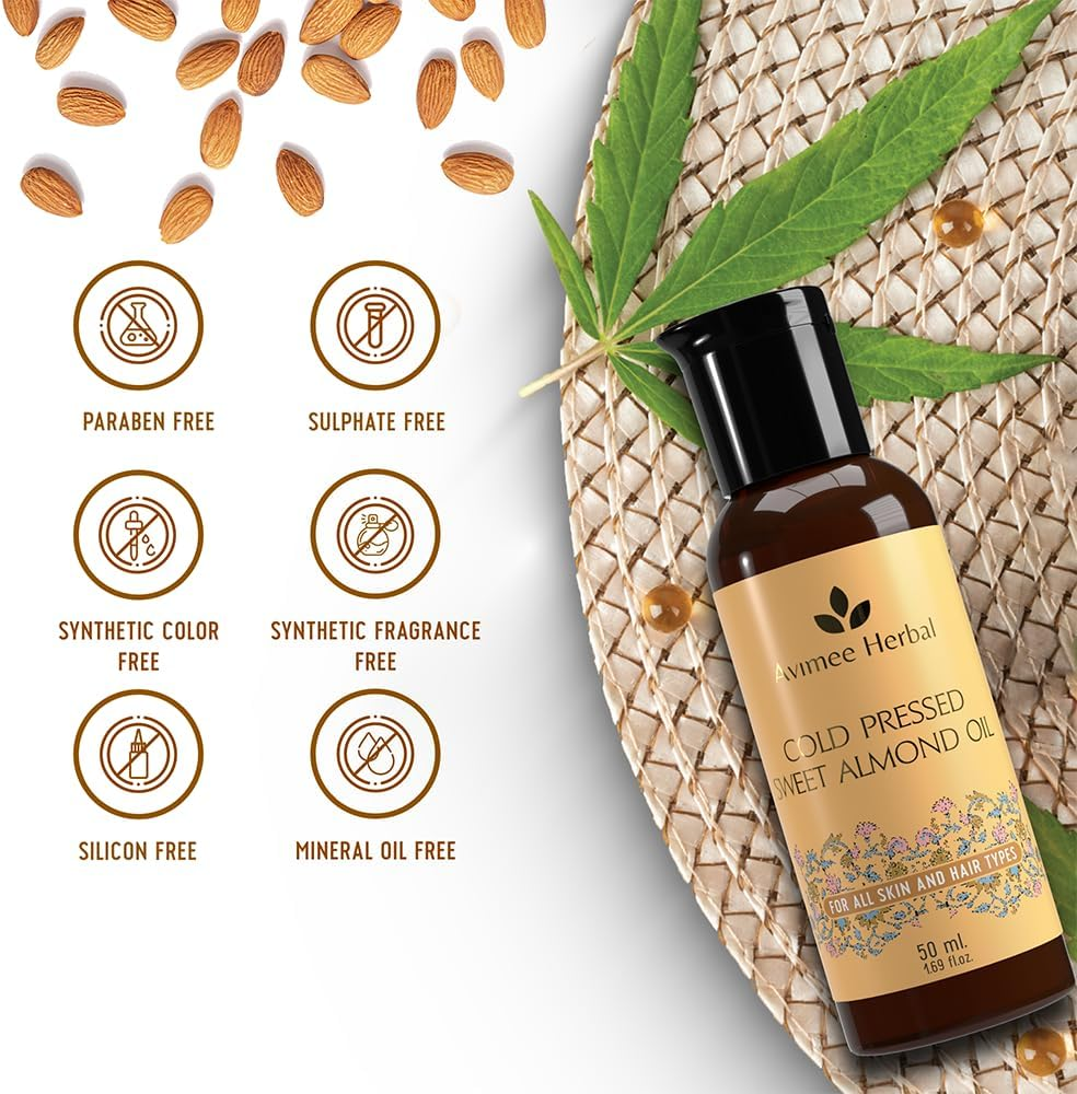 AVIMEE Herbalpure Cold Pressed Sweet Almond Oil | Fights Split Ends & Strengthens Hair | Enriched with Vitamin E | Mineral Oil Free | 50 ML image number 4