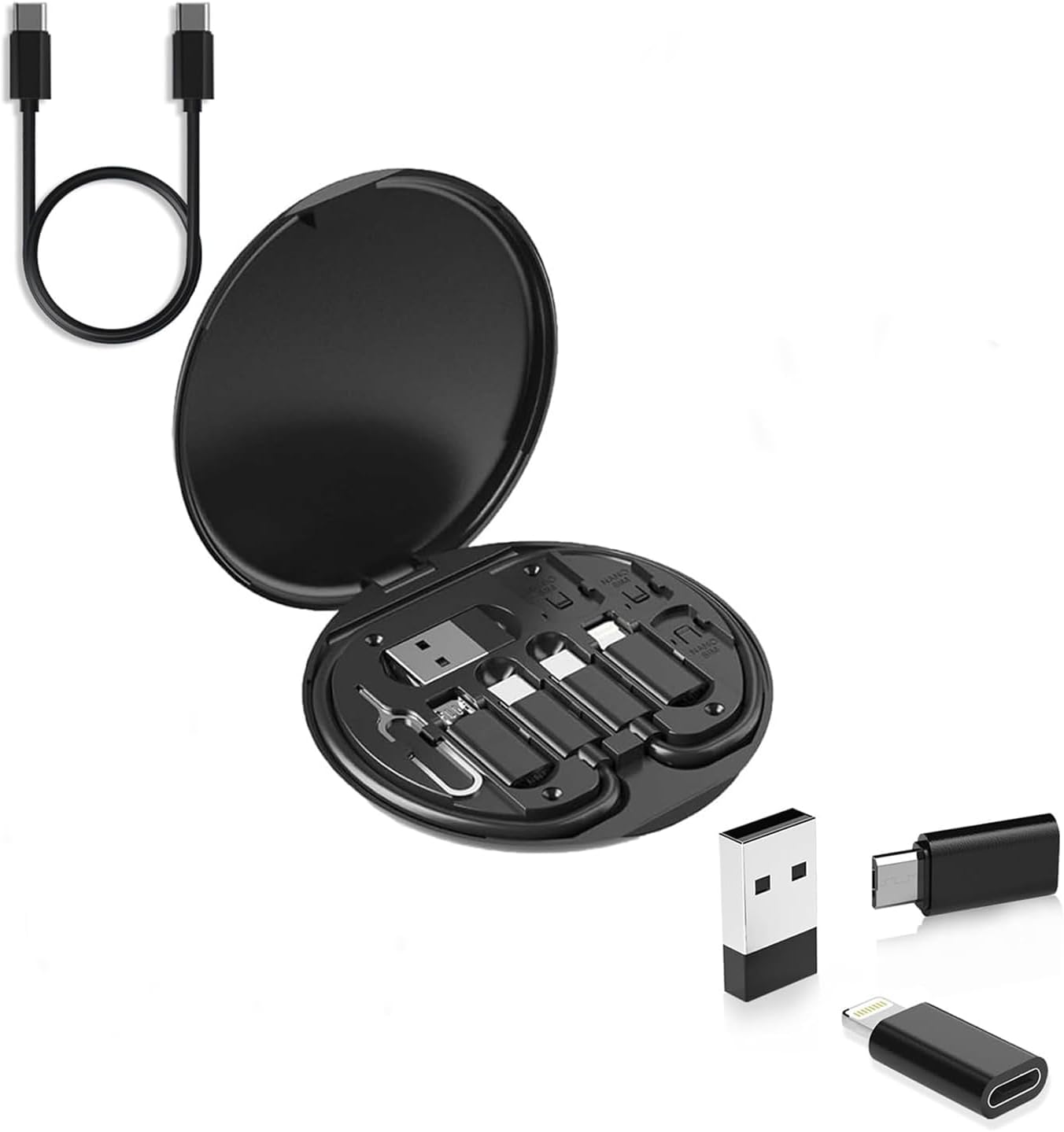 Multi Charging 9 in 1 Cable Case, Lightning to USB C Adapter Conversion Storage Box Kit, USB C to Ios Device Type C Micro Adapter Data Transfer Organizer (Black)