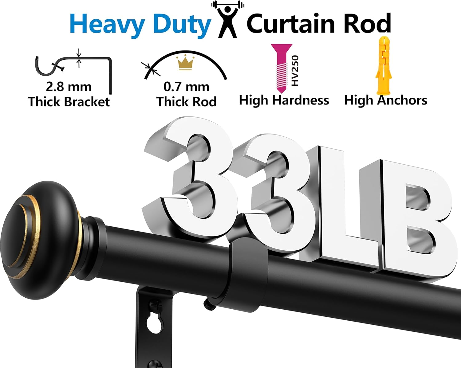 Curtain Rods 45-299 Cm, for Window 279 Cm, Adjustable Length Heavy Duty Decorative Finials Diameter 2.2 Cm, Black image number 4
