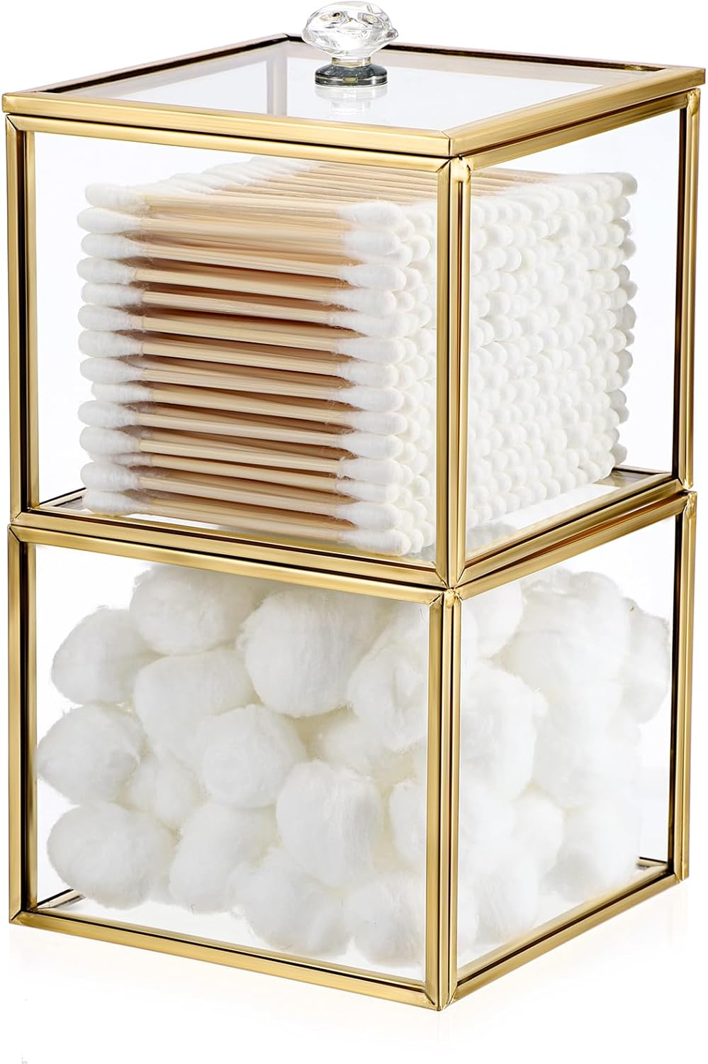 Hipiwe Glass Qtip Holder Dispenser with Lid 2-Tier Stackable Bathroom Containers Cotton Ball & Swab Holder Vanity Organizer Jars Gold for Makeup Pads image number 3