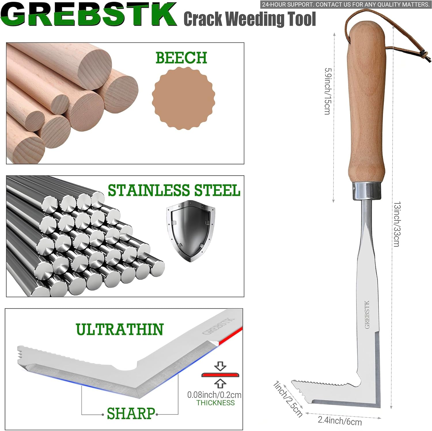 GREBSTK Crack Weeder Beech Handle Stainless Steel Lawn Yard Gardening Tool image number 1