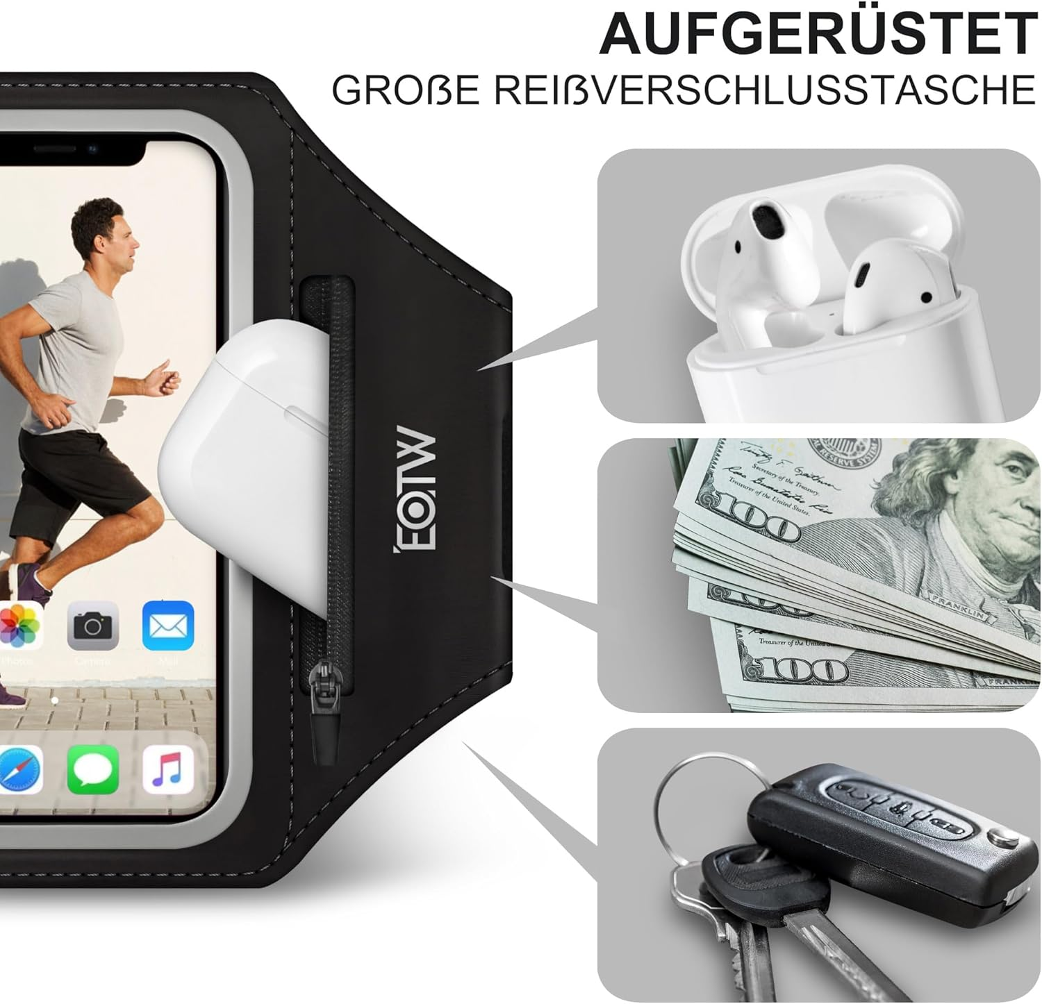 Mobile Phone Case Running Armband Jogging Sports Mobile Phone Holder Arm with Airpods Case for Iphone 16/15/14/13/12 Pro Max Galaxy S24+/S23+/S22/S21/S20 (6.2 Inches ~ 6.8 Inches) image number 3