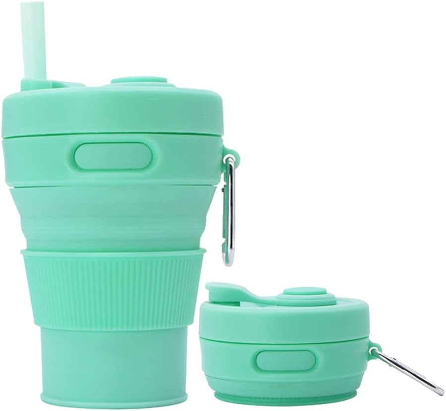 Silicone Coffee Mug Collapsible Cups for Camping Folding Travel with Straw Reusable Portable Drinking Cups Outdoor Hiking 450Ml (Black-450Ml, 1)