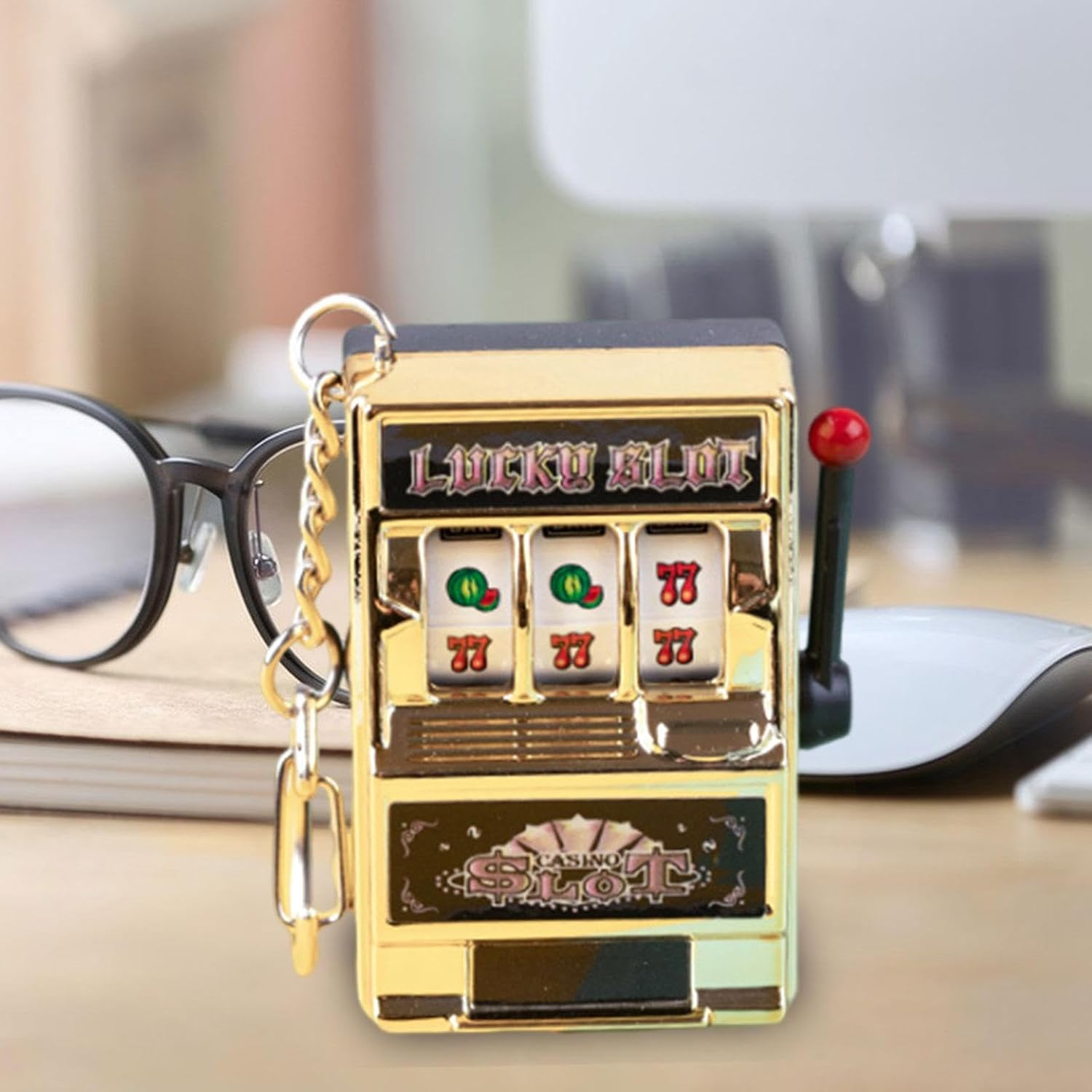 Mini Slot Machine Toy Mini Arcade Game Toy Birthday Keychain Fruit Machine Slot Pendant Party Decoration for Boys Girls Women , Golden image number 2