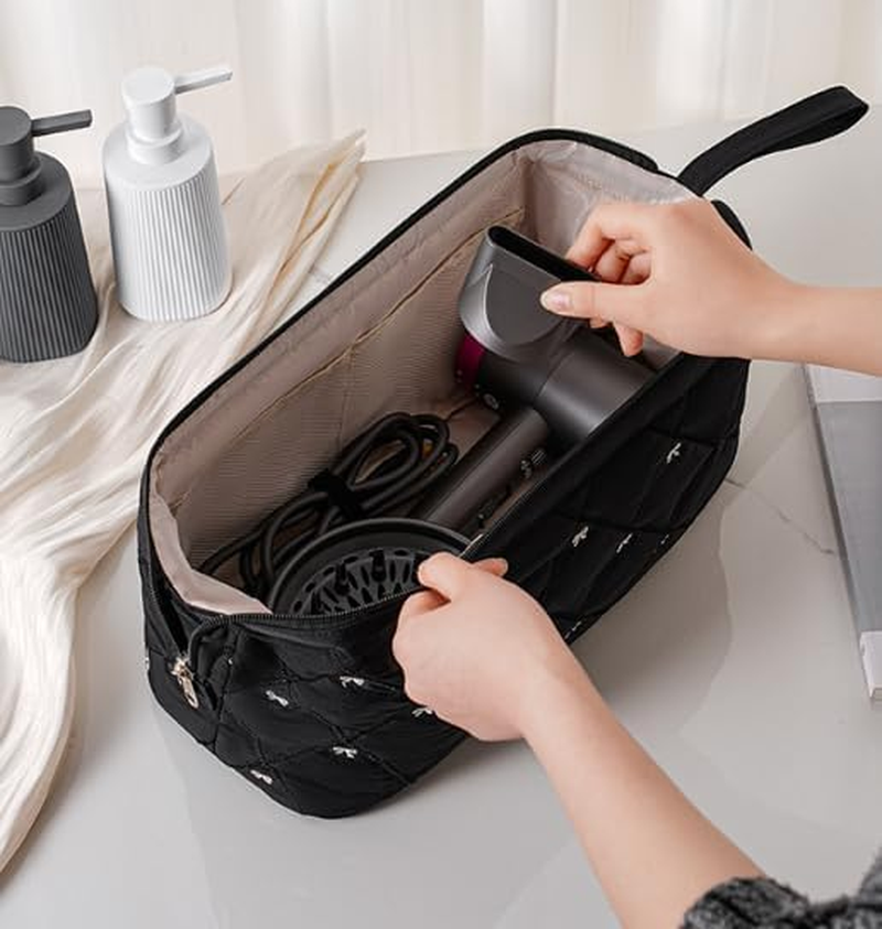 Hair Tools Travel Bag, Large Quilted Storage Case with Bow, Waterproof Organizer for Hair Dryer, Curling Iron, Straightener, Hot Air Brush and Styling Tools (Beige) image number 3