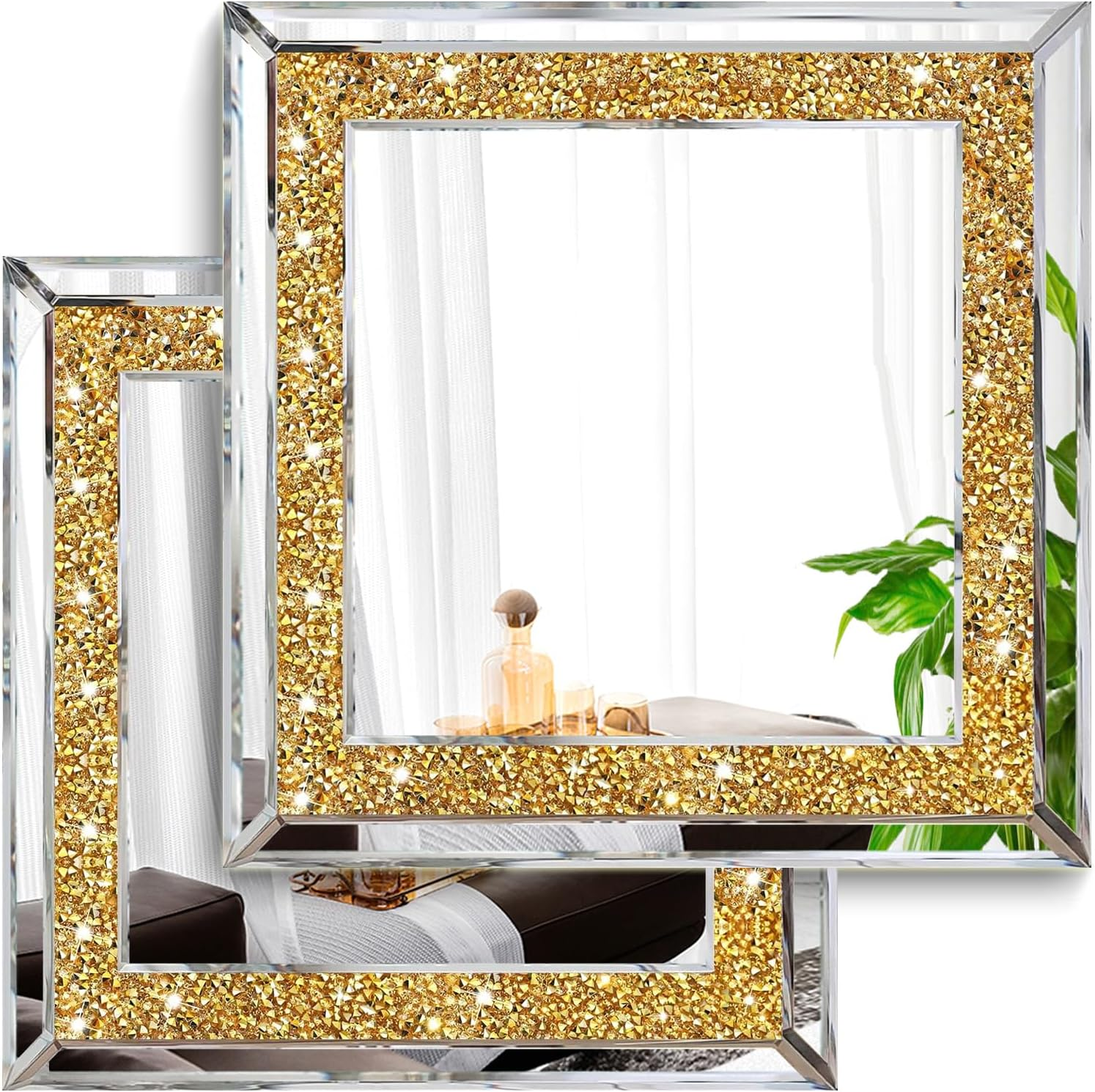 XIHACTY 2 Piece Wall Mirrors, Crush Diamond Mirrors Wall Decor, Gold Color Decorative Mirrors for Living Room Decor, Bedroom, Bathroom. (11&rdquo;X15&rdquo;)